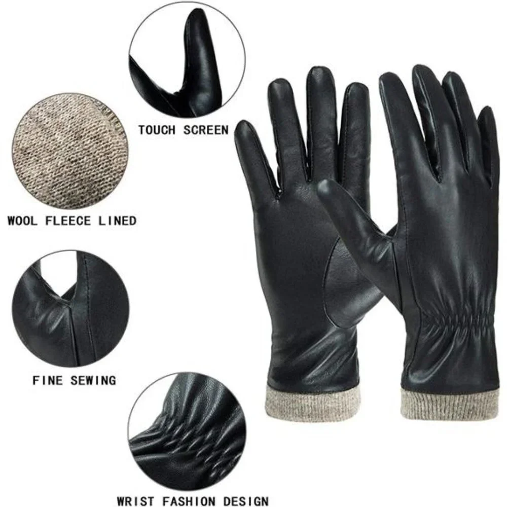 Women's Winter Leather Gloves Wool Fleece Lined Warm Gloves, Black